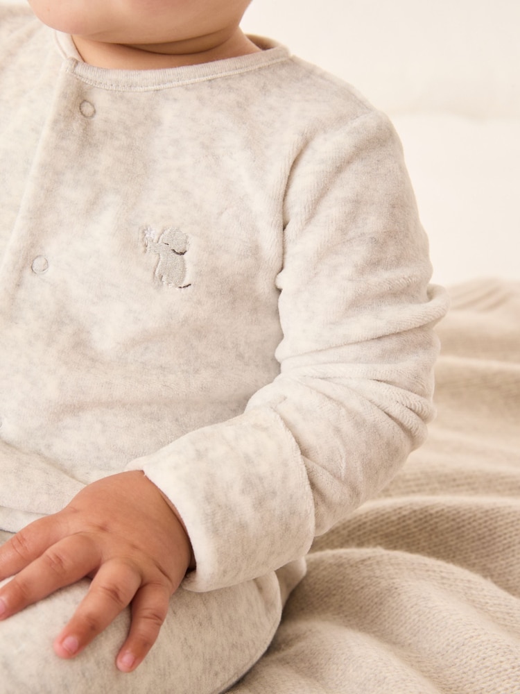 The White Company Grey Velour Kimbo Embroidered Sleepsuit - Image 2 of 5 The White Company Grey Velour Kimbo Embroidered Sleepsuit - Image 2 of 5