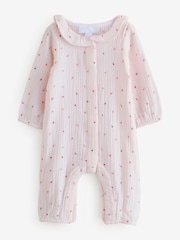 The White Company Pink Crinkle Cotton Ines Floral Frill Collar Sleepsuit - Image 1 of 1