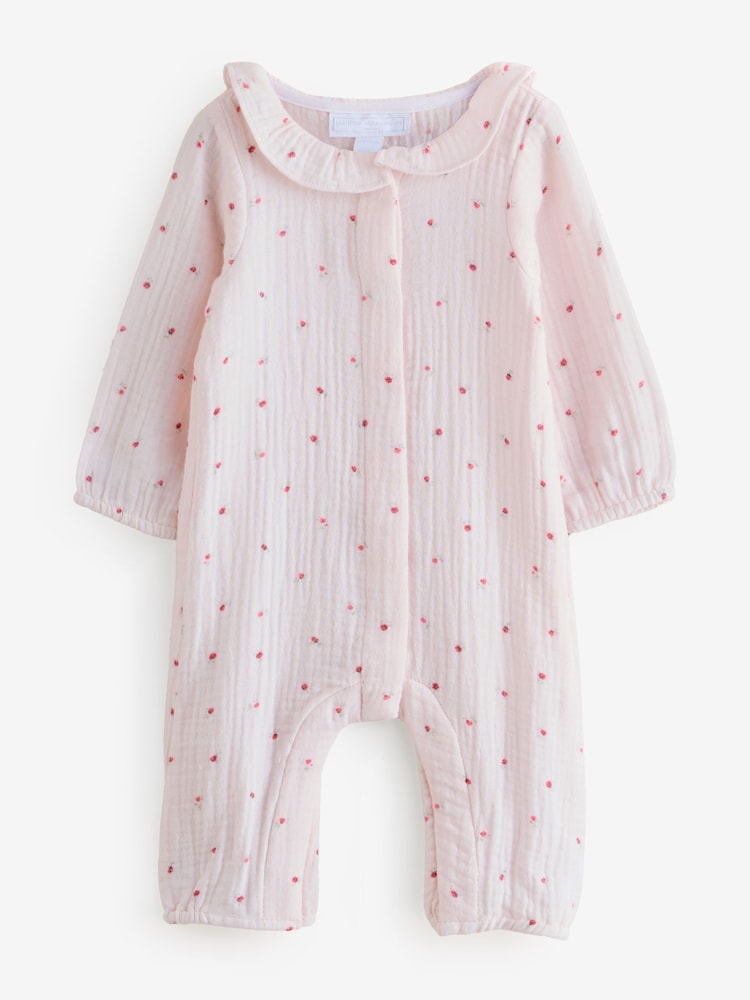 The White Company Pink Crinkle Cotton Ines Floral Frill Collar Sleepsuit - Image 1 of 1