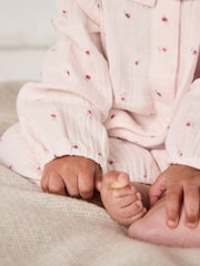 The White Company Pink Crinkle Cotton Ines Floral Frill Collar Sleepsuit - Image 3 of 5