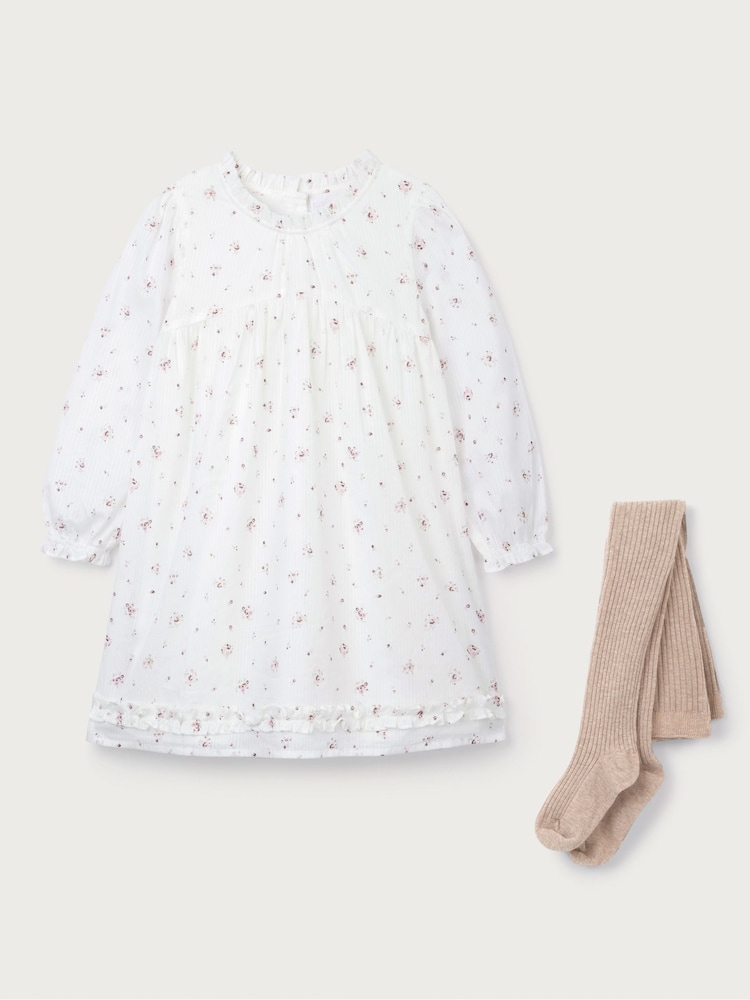 The White Company Cotton Minnie Floral Ruffle Dress & Tight White Set - Image 1 of 1 The White Company Cotton Minnie Floral Ruffle Dress & Tight White Set - Image 1 of 1