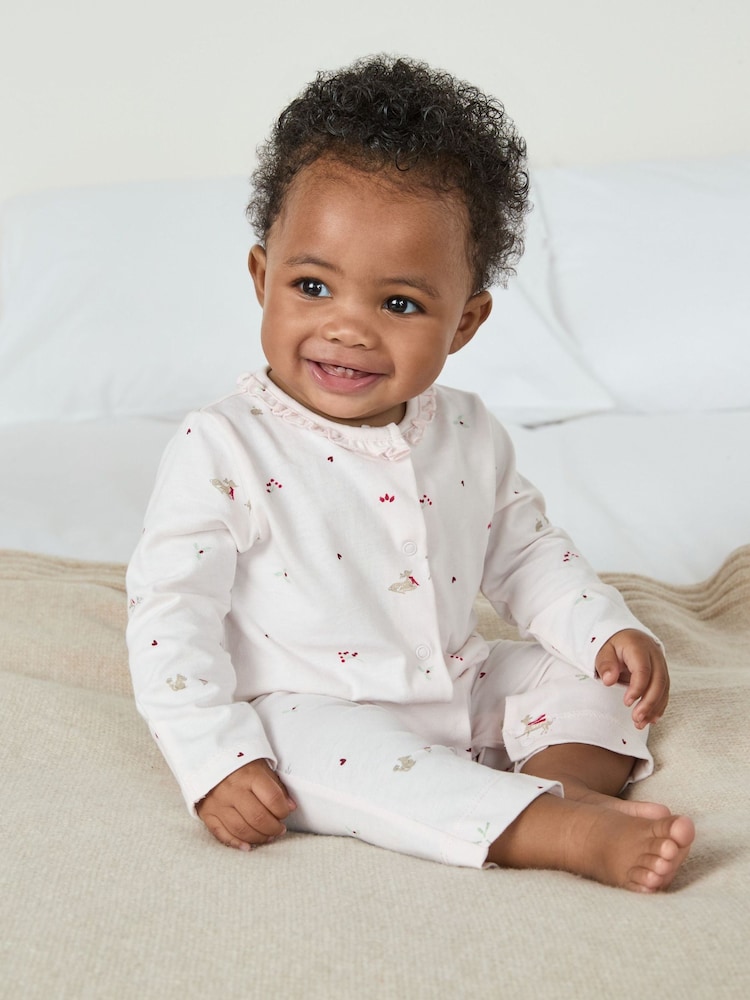 The White Company Pink Organic Cotton Winter Woodland Frill Collar Sleepsuit - Imagem 1 de 4