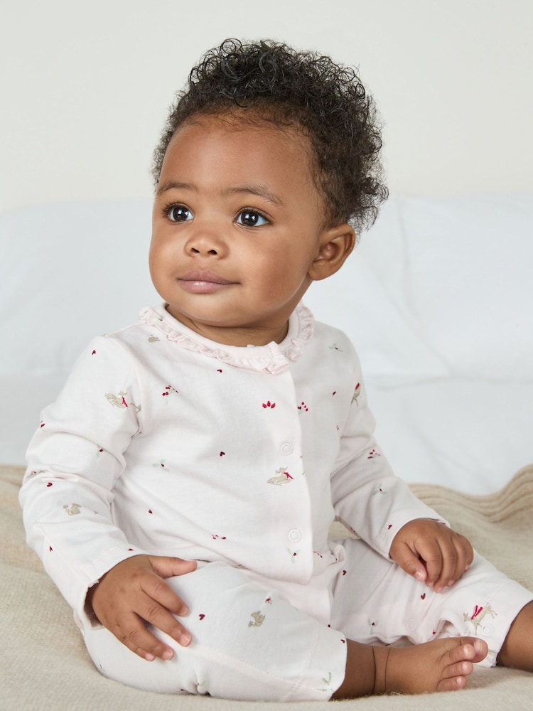 The White Company Pink Organic Cotton Winter Woodland Frill Collar Sleepsuit - Imagem 4 de 4