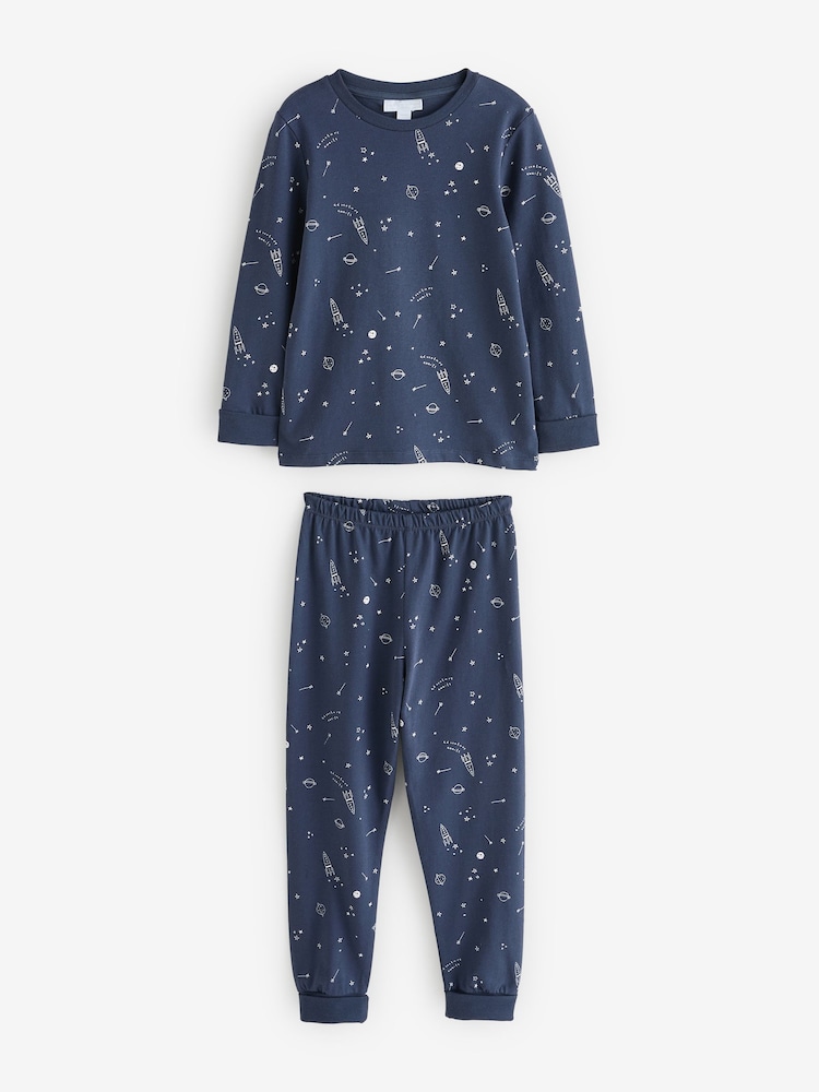 The White Company Blue Cotton Glow In The Dark Space Slim Fit Pyjamas - Image 1 of 1 The White Company Blue Cotton Glow In The Dark Space Slim Fit Pyjamas - Image 1 of 1