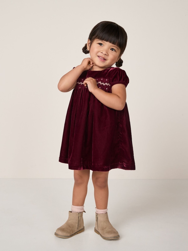 The White Company Red Velvet Smocked Dress - Image 2 of 5