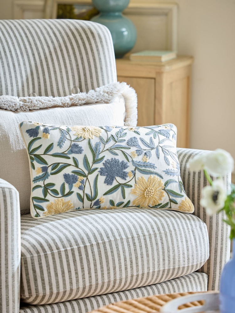 Blue/Yellow 50 x 30cm Embroidered Floral Cushion - Image 1 of 4