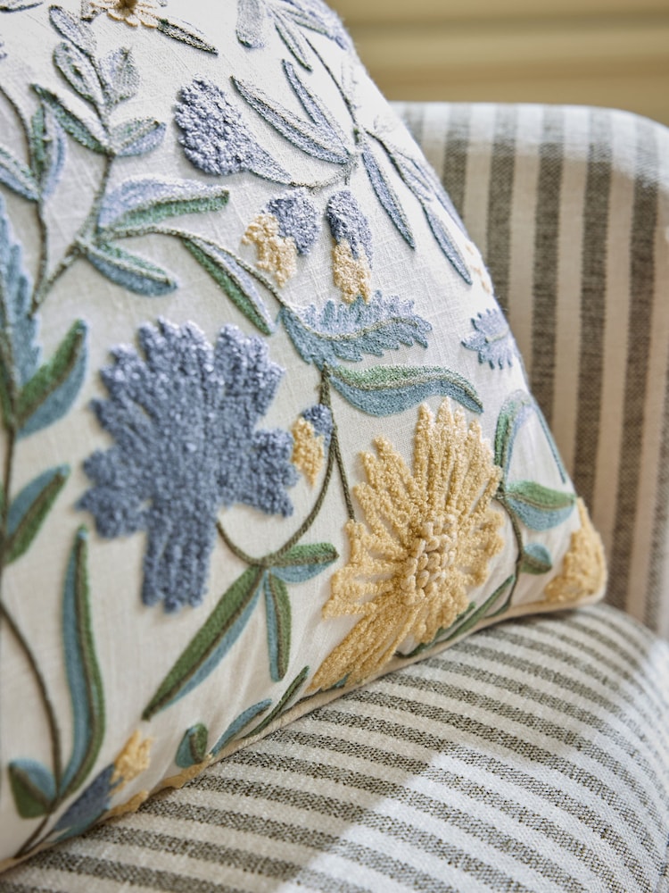 Blue/Yellow 50 x 30cm Embroidered Floral Cushion - Image 2 of 4