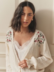 Laura Ashley Embroidered Archive Floral Print V-Neck Cable Cardigan - Imaginea 6 din 10