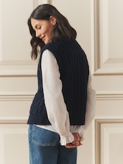 Laura Ashley Navy Blue Chunky Knitted Waistcoat Tank With Nautical Buttons with Wool - Image 6 of 11