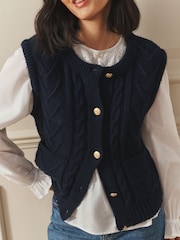 Laura Ashley Navy Blue Chunky Knitted Waistcoat Tank With Nautical Buttons with Wool - Image 7 of 11