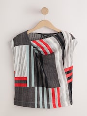 Grey/Red Stripe Asymmetric Pleated Drape Short Sleeve Top - Image 5 of 8