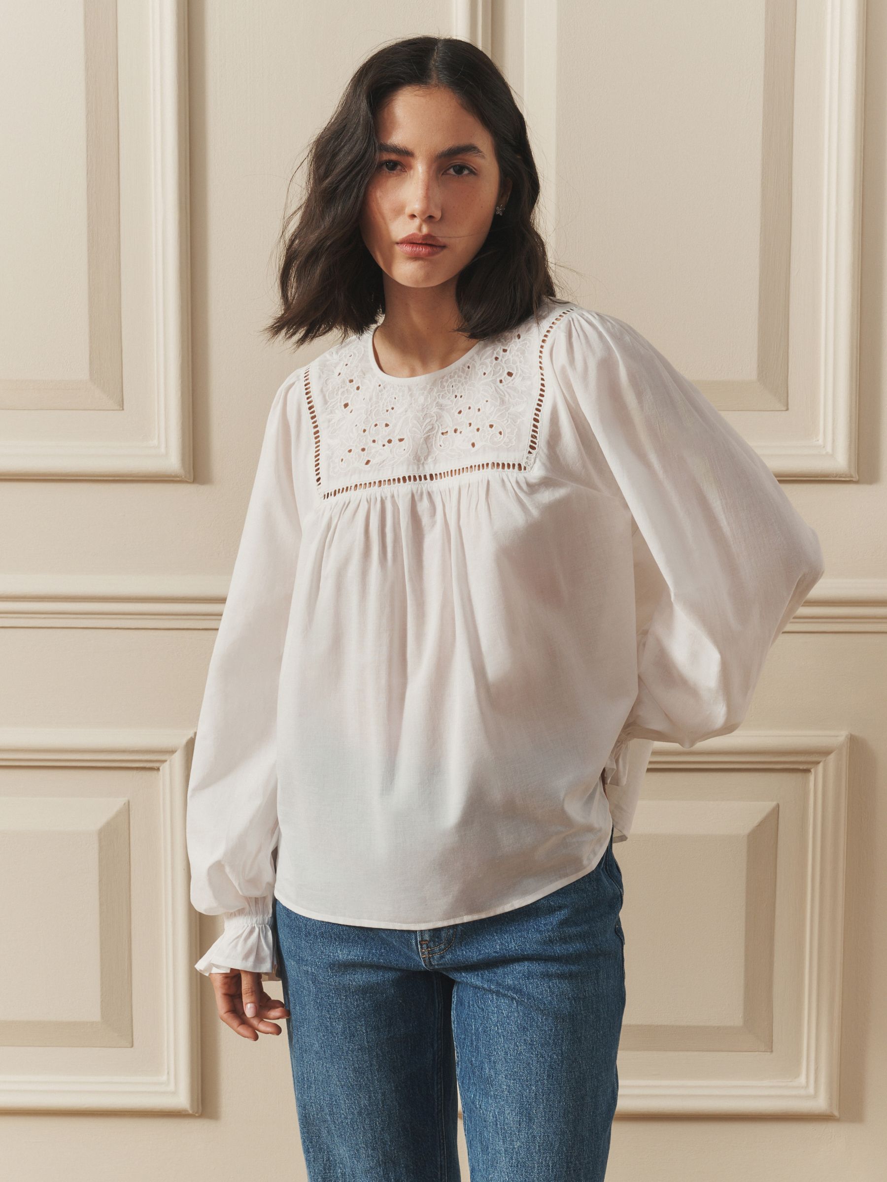 Buy Laura Ashley White Cotton Long Sleeve Ladder Embroidered