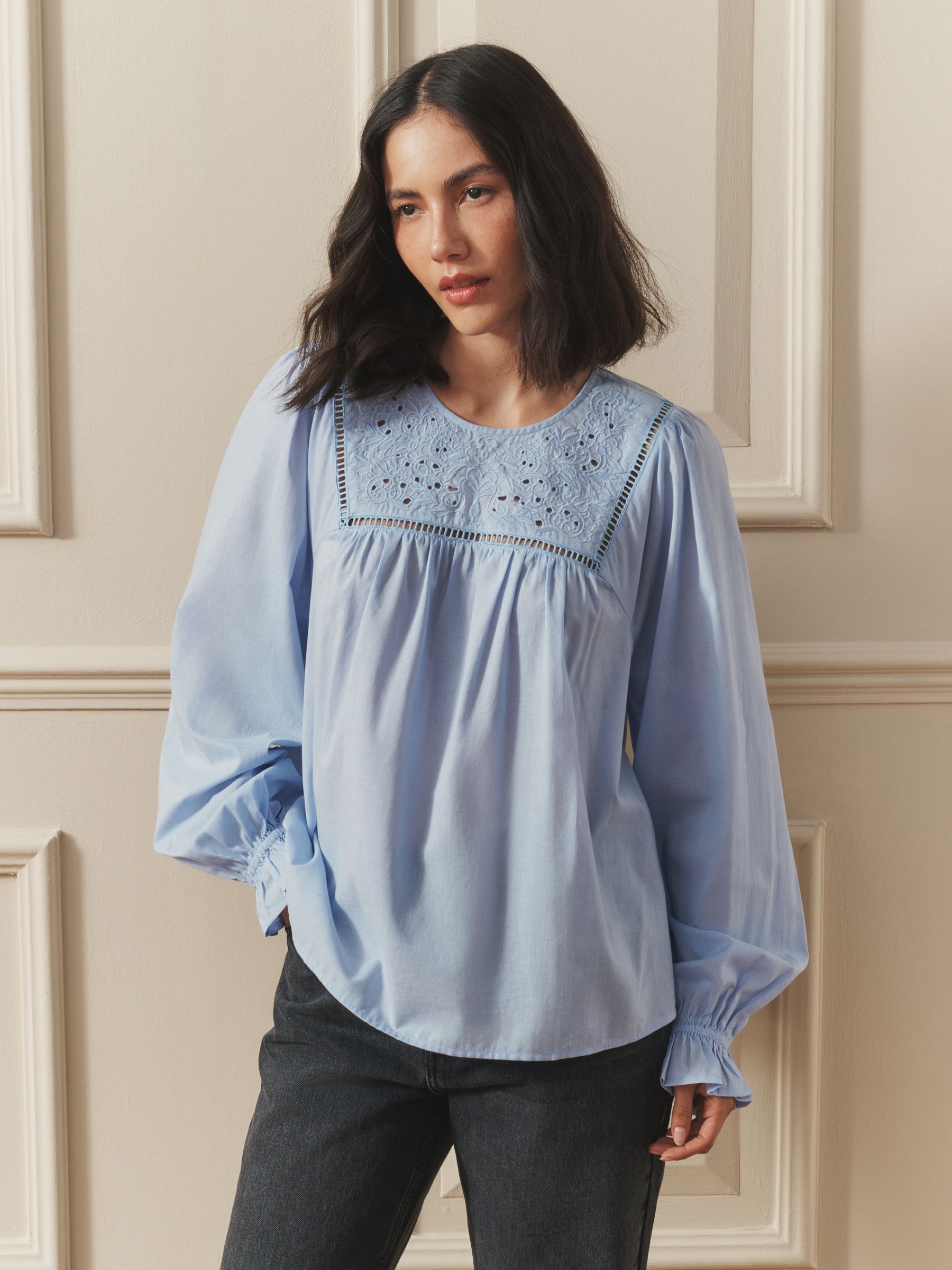 Buy Laura Ashley Blue Cotton Long Sleeve Ladder Embroidered