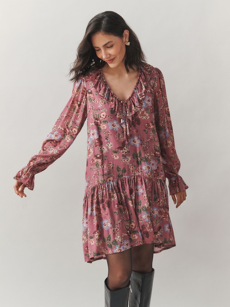 Laura Ashley Pink Henwood Bloom Ruffle Boho Mini Dress - Image 1 of 10