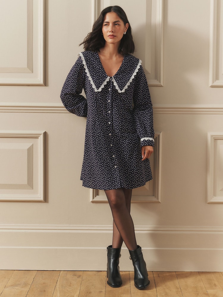 Laura Ashley Navy Spot Sailor Collar Mini Dress With Linen - Image 1 of 5