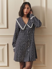 Laura Ashley Navy Spot Sailor Collar Mini Dress With Linen - Image 2 of 5