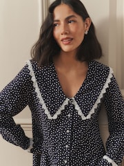 Laura Ashley Navy Spot Sailor Collar Mini Dress With Linen - Image 7 of 11