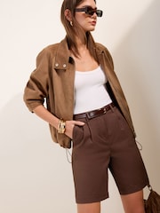 Friends Like These Chocolate Brown Pleated Chino Bermuda Shorts - Image 1 of 5