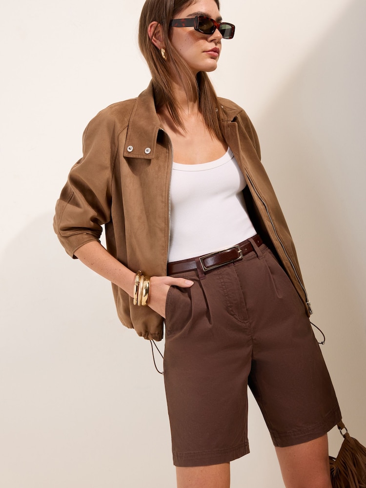 Friends Like These Chocolate Brown Pleated Chino Bermuda Shorts - Image 1 of 5