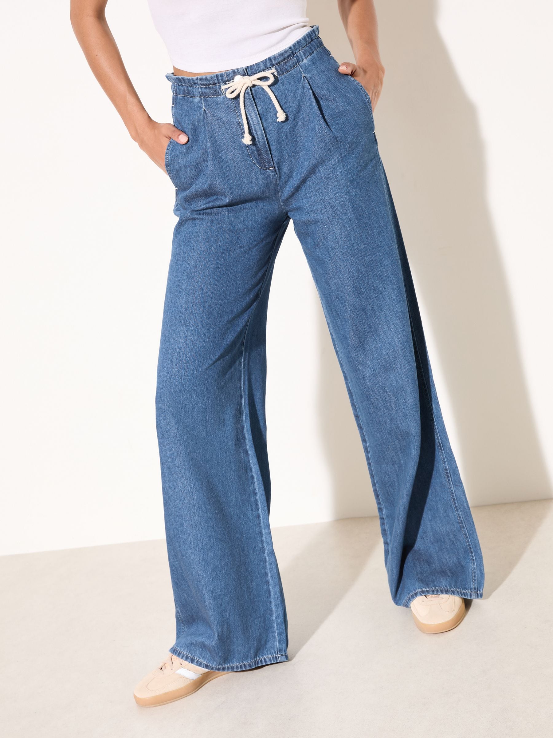 Buy Friends Like These Mid Wash Tie Waist Pleat Front Wide Leg