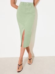 Friends Like These Pistachio Green Split Front Denim Midi Skirt - Image 2 of 4