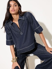 Friends Like These Mid Wash Top Collar Denim Top - Image 1 of 5