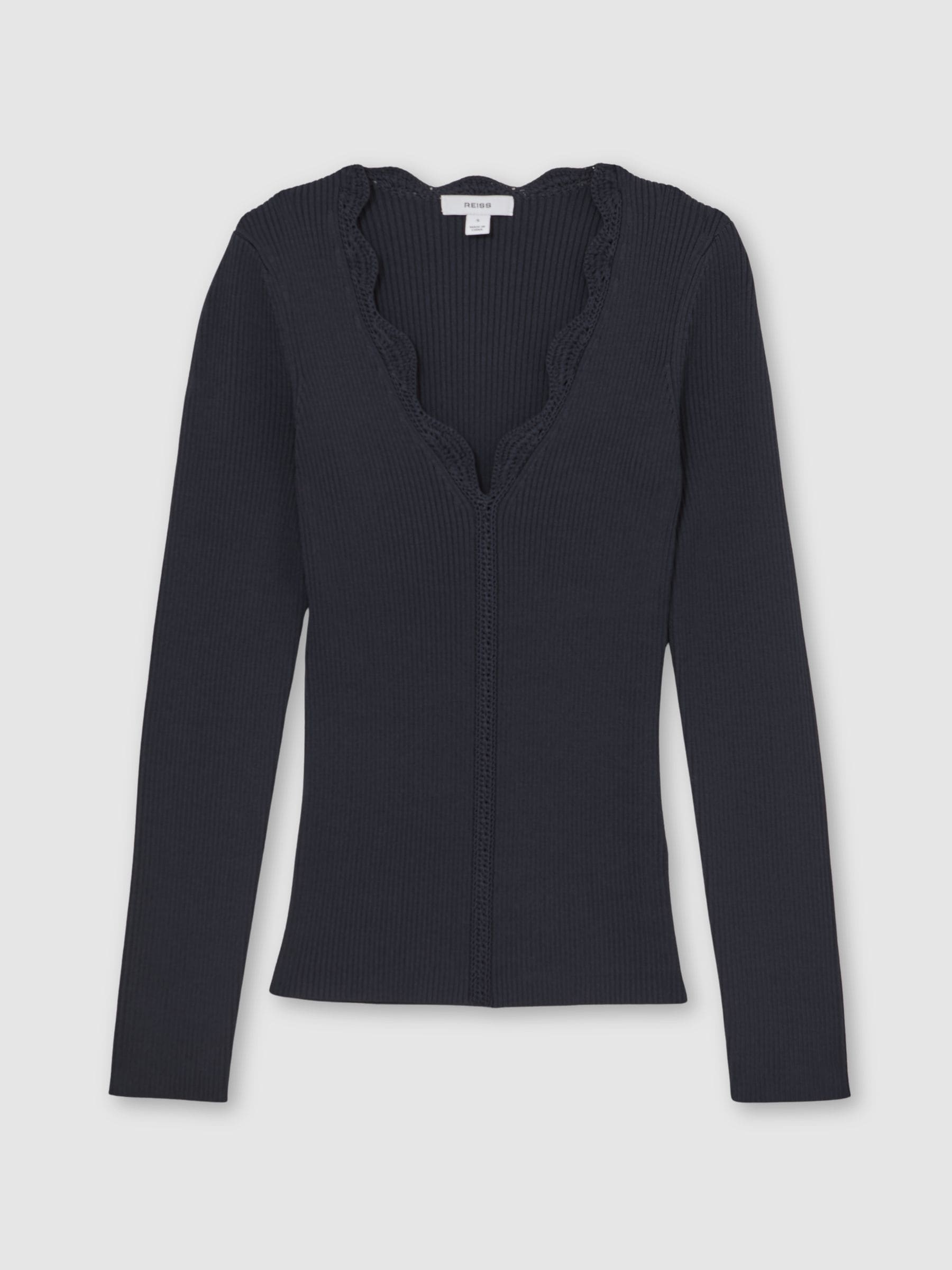 OUTLEGACY ブラック リブ編み トップス 34 Buy Reiss Navy Lara Crochet-Trim Rib-Knit Top from Next USA