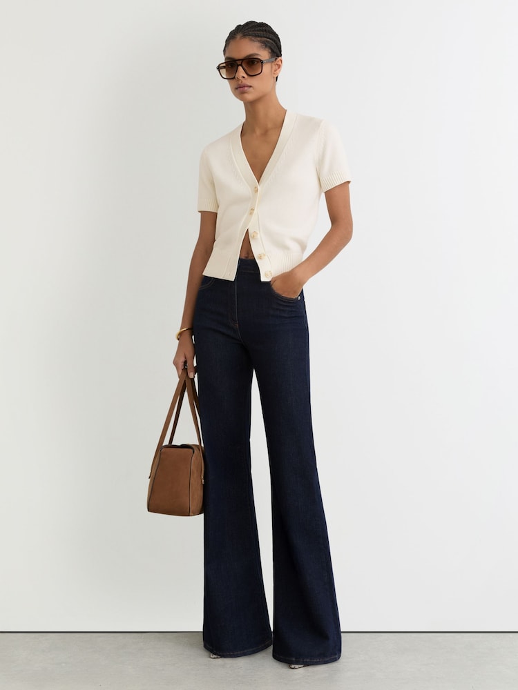 Reiss Ivory Anya V-Neck Short-Sleeve Cardigan Cotton-Wool - Image 1 of 6 Reiss Ivory Anya V-Neck Short-Sleeve Cardigan Cotton-Wool - Image 1 of 6