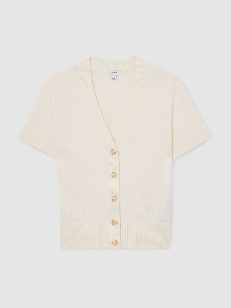 Reiss Ivory Anya V-Neck Short-Sleeve Cardigan Cotton-Wool - Image 2 of 6 Reiss Ivory Anya V-Neck Short-Sleeve Cardigan Cotton-Wool - Image 2 of 6