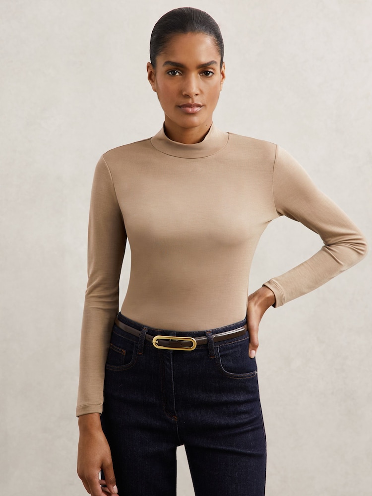 Reiss Camel Molly Lyocell-Blend Funnel-Neck Top - Image 1 of 7 Reiss Camel Molly Lyocell-Blend Funnel-Neck Top - Image 1 of 7