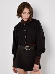 Apricot Black Ribbed Batwing Cropped Cardigan - Image 1 of 4