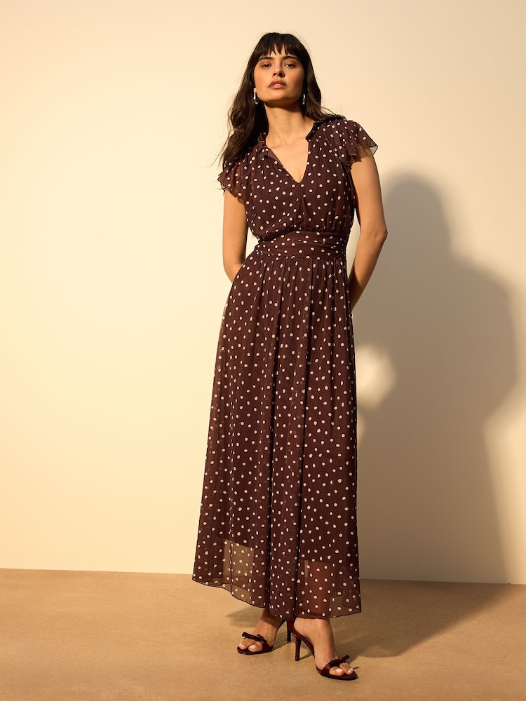 Chocolate Brown Spot Pleated Mesh Print V-Neck Occasion Maxi Dress - Image 2 of 7