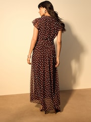 Chocolate Brown Spot Pleated Mesh Print V-Neck Occasion Maxi Dress - Image 3 of 7