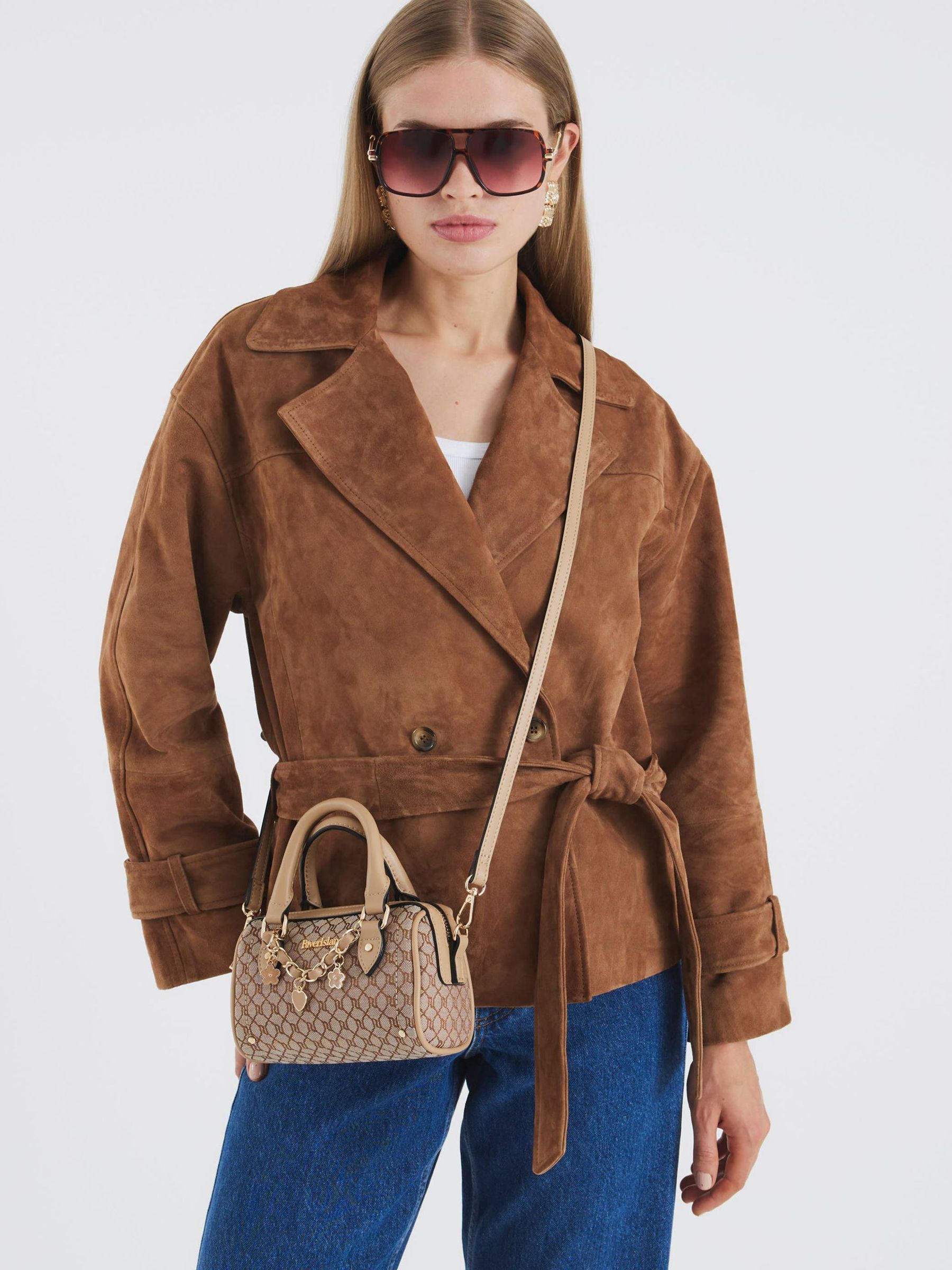 Buy River Island Brown Mini Jacquard Cross-Body Bowler Bag from