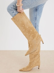River Island Brown Studded Suedette High Leg Boots - Image 1 of 6