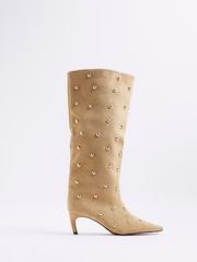 River Island Brown Studded Suedette High Leg Boots - Image 2 of 6