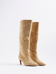 River Island Brown Studded Suedette High Leg Boots - Image 3 of 6