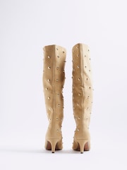 River Island Brown Studded Suedette High Leg Boots - Image 4 of 6
