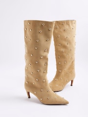 River Island Brown Studded Suedette High Leg Boots - Image 5 of 6