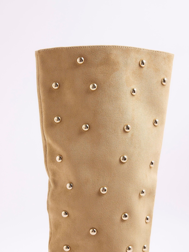 River Island Brown Studded Suedette High Leg Boots - Image 6 of 6