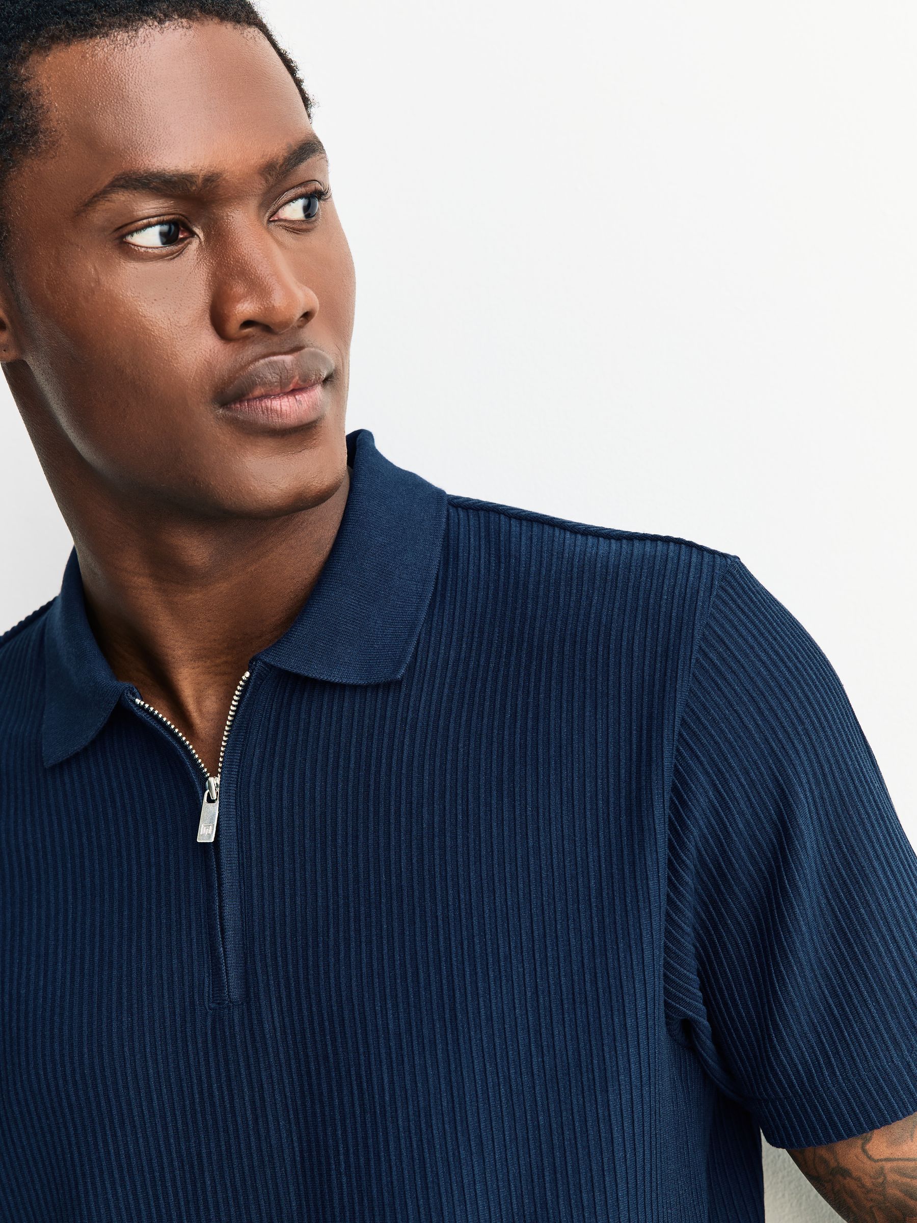 Buy Navy Blue Textured Smart Zip Neck Polo Shirt from Next USA