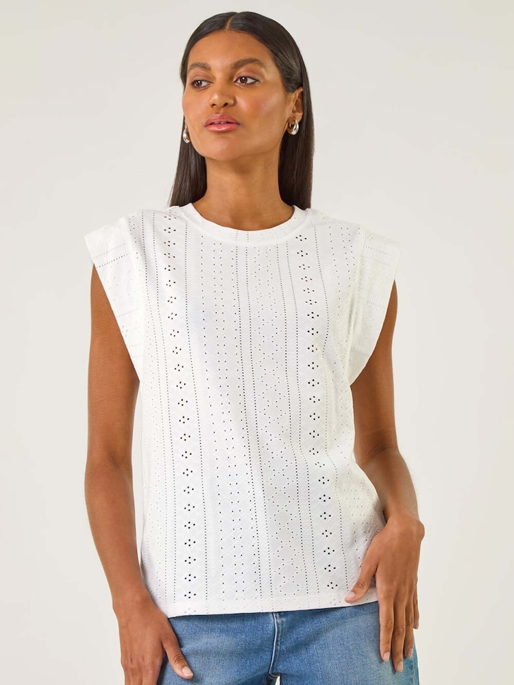 Roman White Broderie Cap Sleeve Stretch Blouse - Image 2 of 5