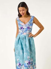 Roman Blue Sweetheart Floral Print Midi Dress - Image 1 of 5
