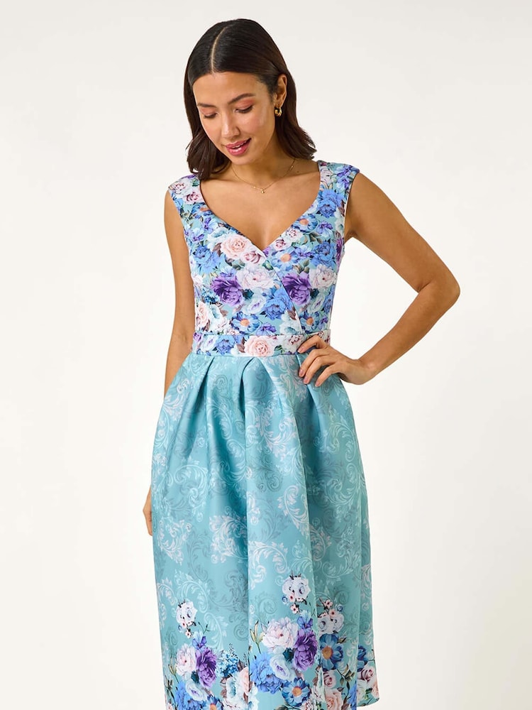 Roman Blue Sweetheart Floral Print Midi Dress - Image 1 of 5