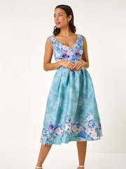 Roman Blue Sweetheart Floral Print Midi Dress - Image 2 of 5