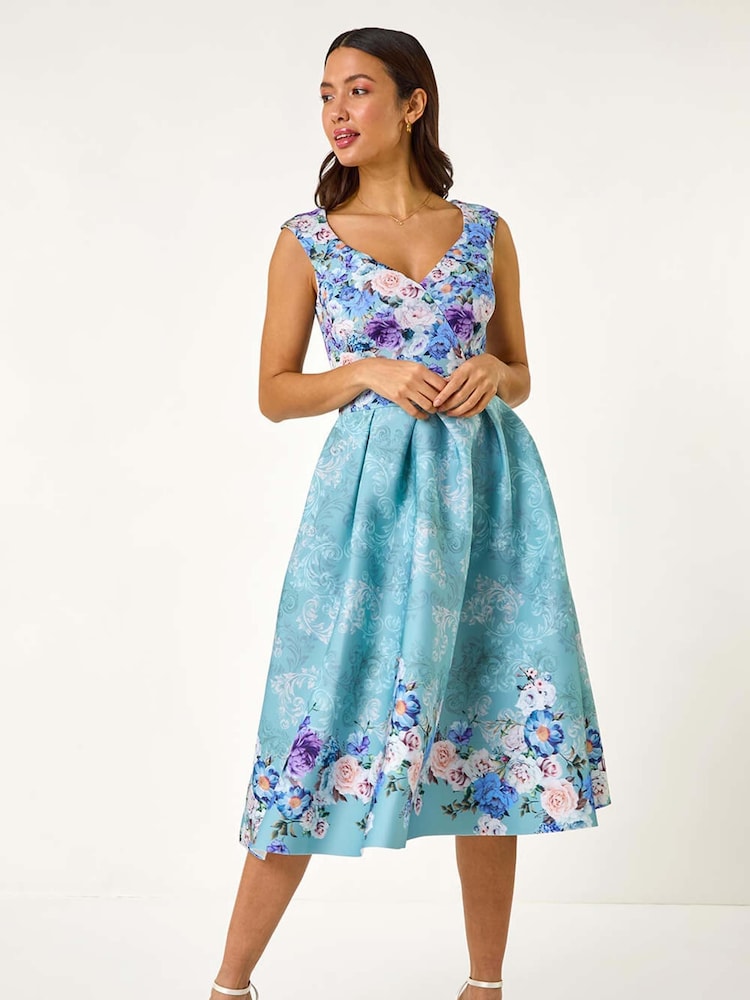 Roman Blue Sweetheart Floral Print Midi Dress - Image 2 of 5