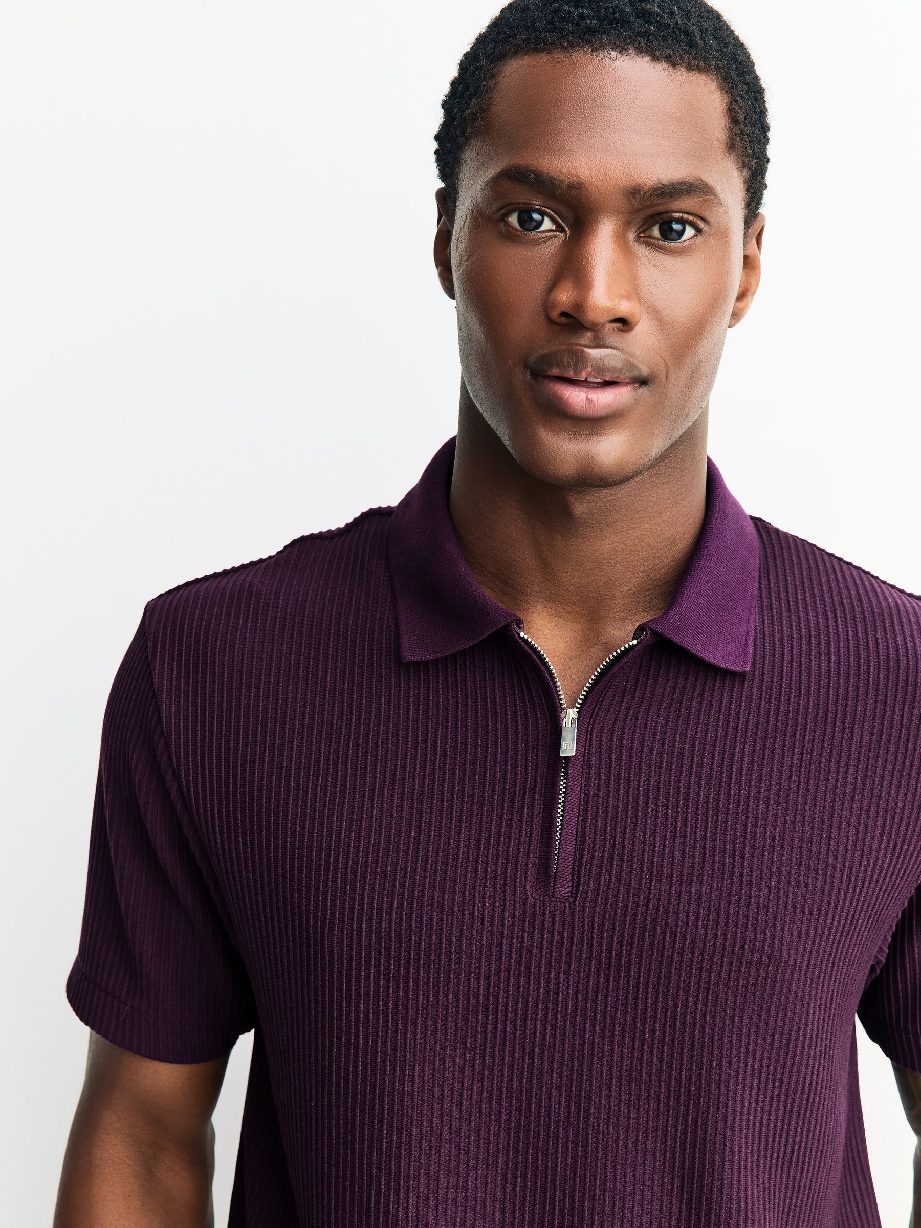 Buy Purple Textured Smart Zip Neck Polo Shirt from Next USA