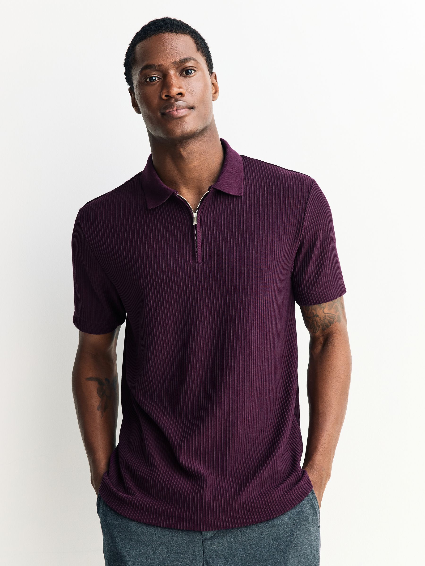 Buy Purple Textured Smart Zip Neck Polo Shirt from Next USA