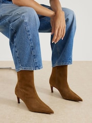River Island Brown Wide Fit Suedette Point Toe Kitten Heel Boots - Image 1 of 5