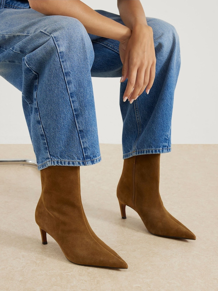 River Island Brown Wide Fit Suedette Point Toe Kitten Heel Boots - Image 1 of 5